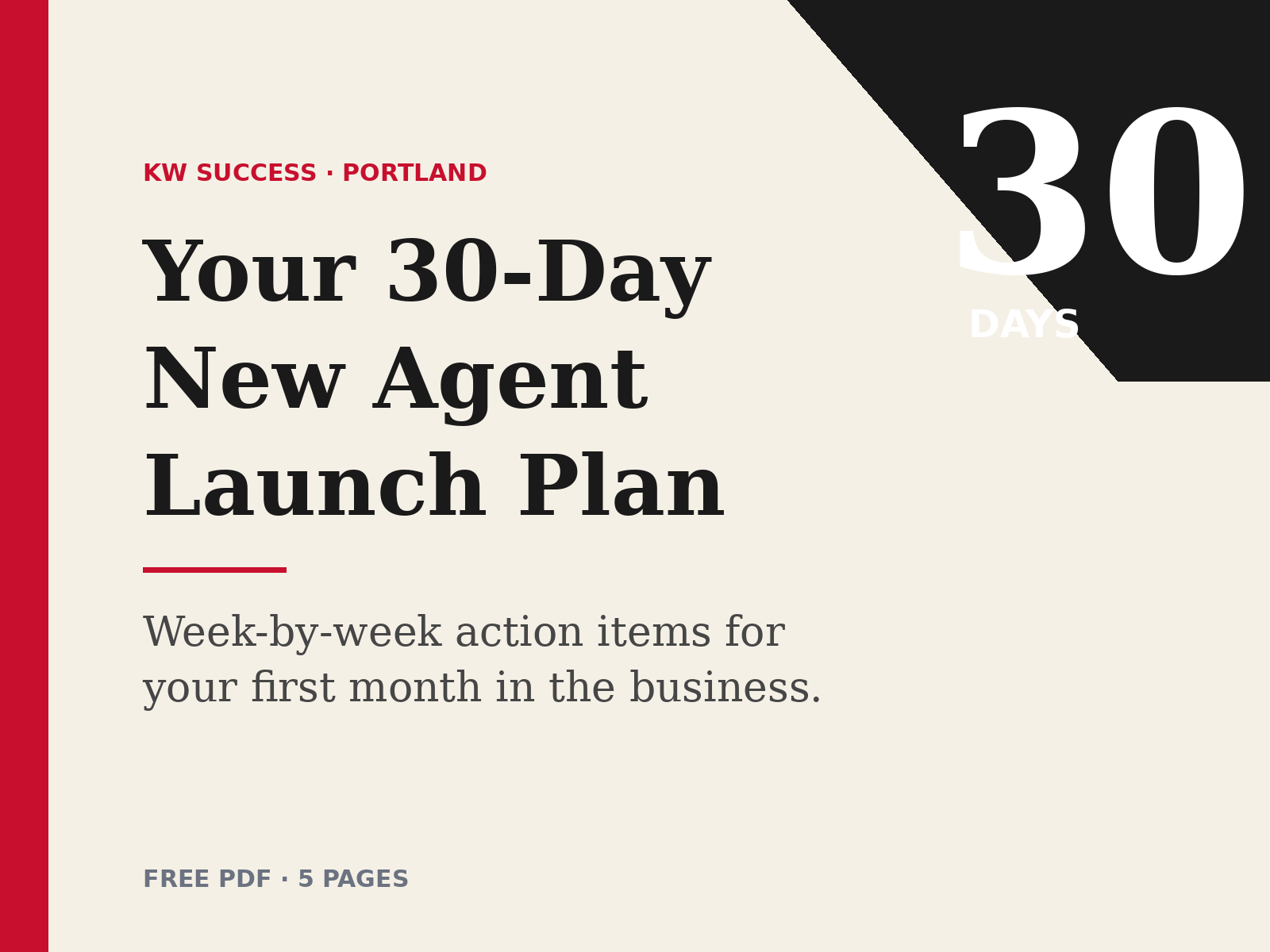 Your 30-Day New Agent Launch Plan — week-by-week action items for newly licensed real estate agents starting their first month in the business.